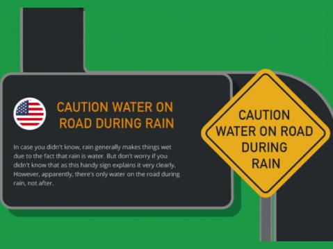 Varokaa vettä tiellä sateen aikana. Yllättävää, että tiellä voi olla vettä sateella ja että sitä sietää varoa?