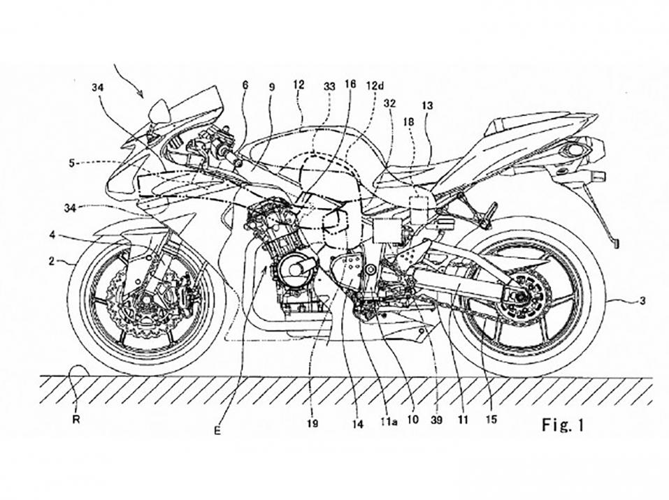 Kawasakin 600-kuutioisen mekaanisesti ahdetun pyörän patenttipiirros.