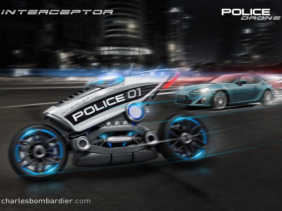 Interceptor-poliisimoottoripyörädrooni tai -robotti.