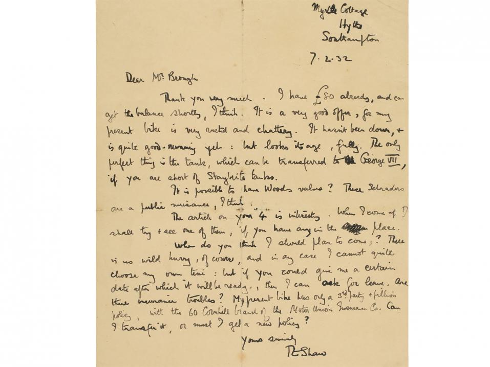 T.E. Lawrencen kohtalokas seitsemännen Brough Superiorin tilauskirje itselleen George Broughille.