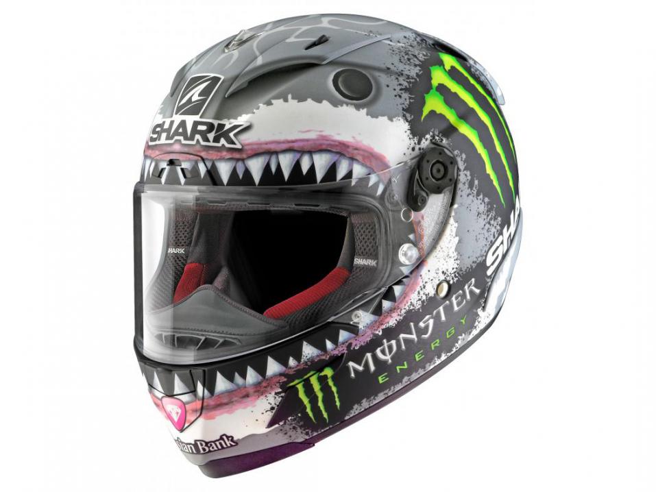 Shark Race-R Pro 'Valkohai' -replika Jorge Lorenzon käyttämästä kypärästä.