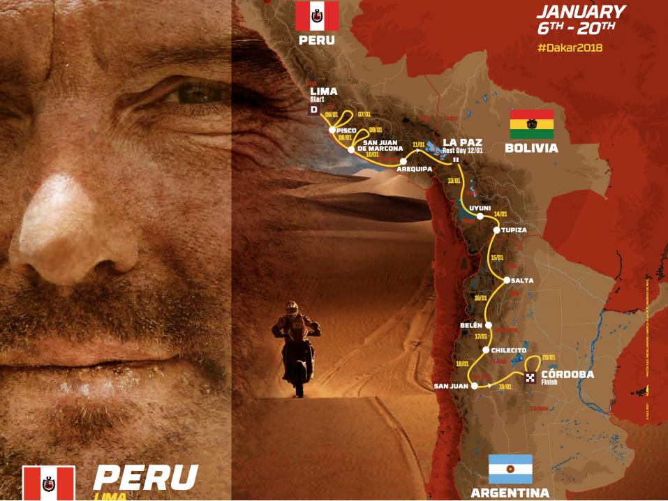 40. Dakar-rallin reitti Perussa, Boliviassa ja Argentiinassa vuonna 2018.