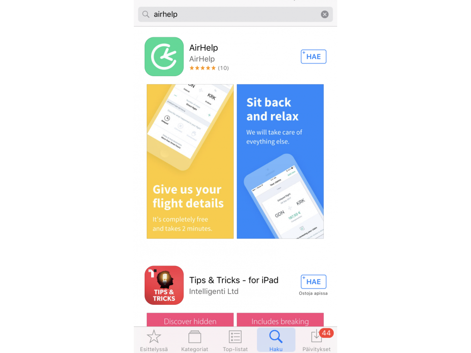 AirHelp -app on ladattavissa sekä Applen että Googlen sovelluskaupasta maksutta.