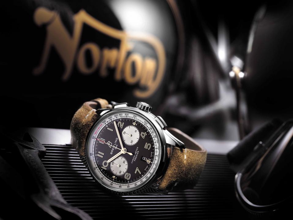 Premier B01 Chronograph 42 Norton Edition with a brown vintage raw-leather strap and pin buckle (PPR/Breitling)