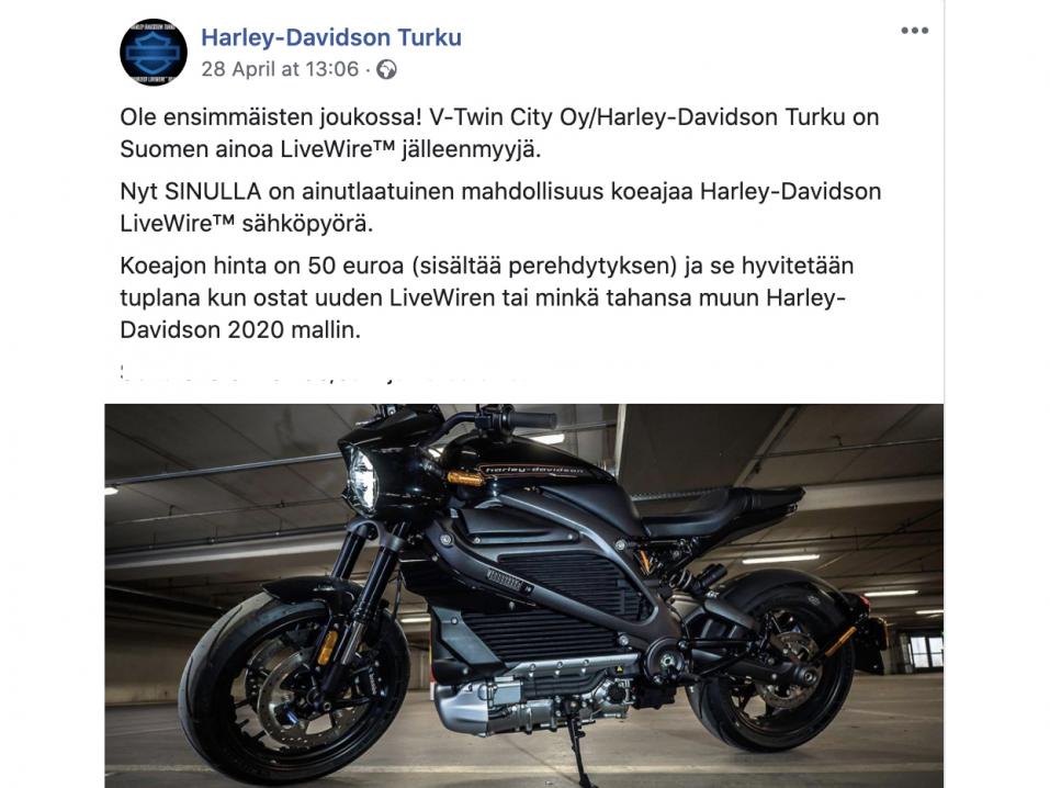Harley-Davidson turun alkuperäinen viesti koeajon hinnasta 28.4.2020.