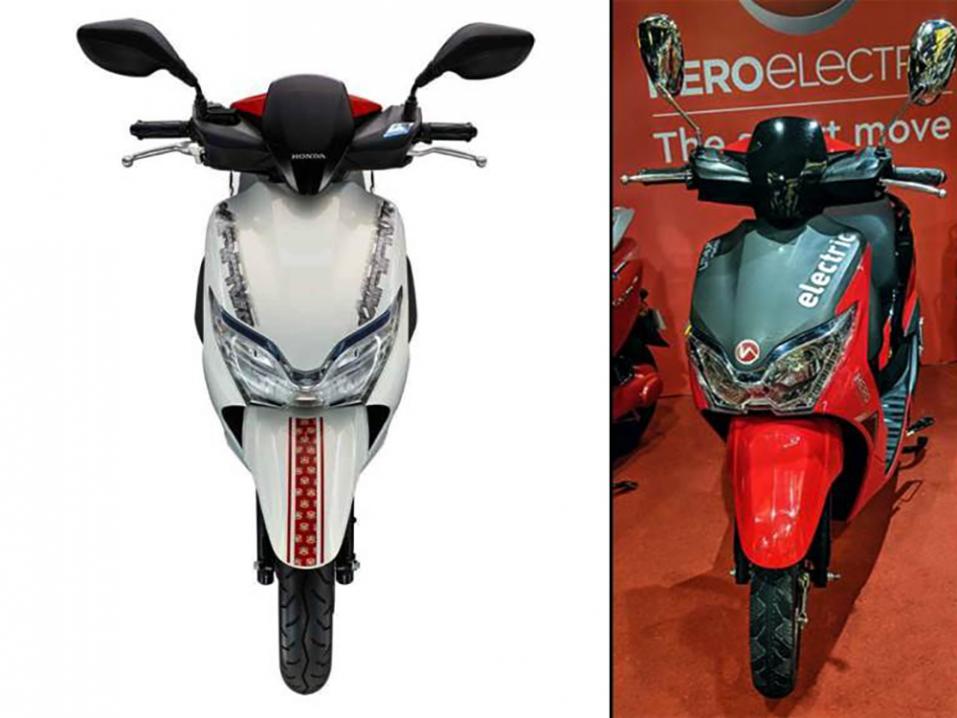 <p>Maallikon silminkin näkee yhtäläisyyden vasemmalla olevan Hondan Moove -skootterin (kuvassa vasemmalla) ja Hero Electric Dash -sähköskootterin välillä. Ainoa merkittävä design-ero on Dashin ylöspäin sojottavat peilit.</p>