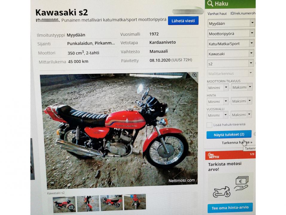 Nuoruuden unelmapyörä, Kawasaki S2, löytyi netin avulla.