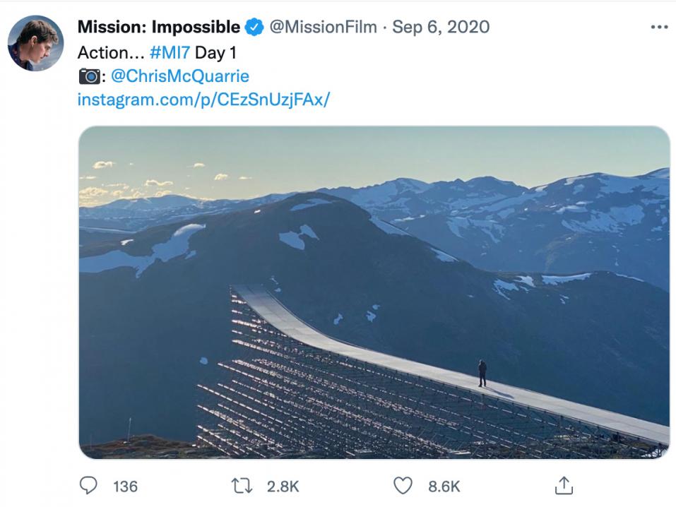 Norjaan Mission Impossible 7 -elokuvan superstunttia varten rakennettu hyppyri. Kuva: Mission Impossiblen Twitter-feedi.