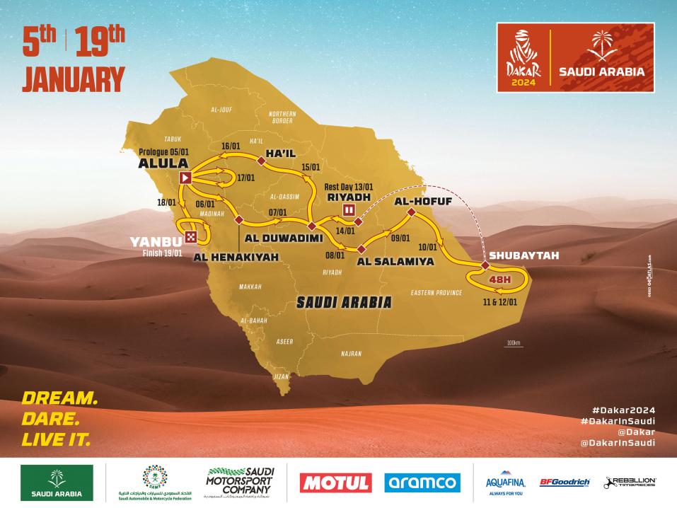<p>Vuoden 2024 Dakar Rallyn reitti kulkee jo viidennen kerran pitkin ja poikin Saudi-Arabiaa.</p>