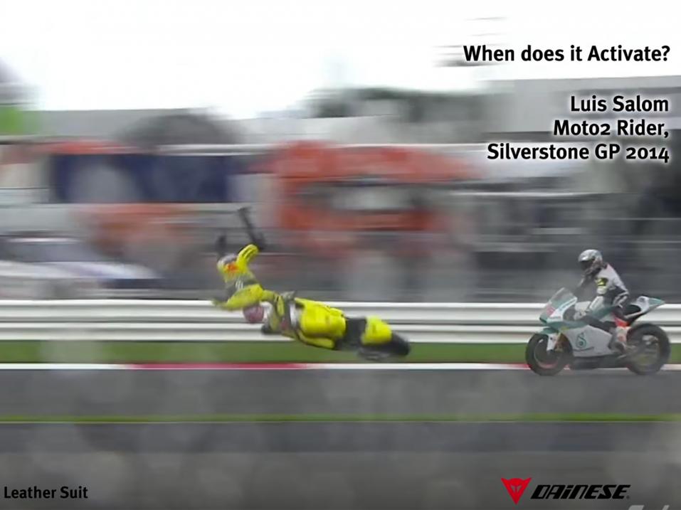 Dainese D-Air Misano suojasi loistavasti Moto2 -kuljettaja Luis Salomia melkoisen voltin jälkeen Silverstonessa 2014.