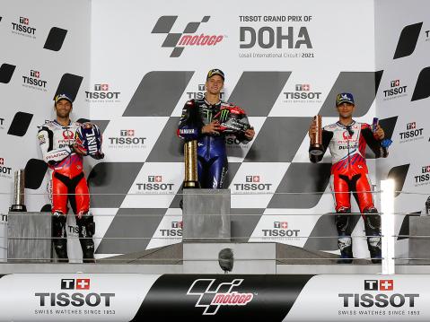 MotoGP podium vasemmalta: Zarco, Quartararo ja Martin
