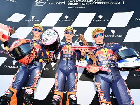 Angel Piqueras, Alvaro Carpe ja Rico Salmela, Red Bull Rookies Cupin ensimmäisestä osakilpailusta Itävallan MotoGP:n yhteydessä Spielbergissä.