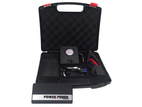 Powerpunch 14 000 mAh:n varamatkapuhelin- ja käynnistysakku kompressorilla varustettuna.