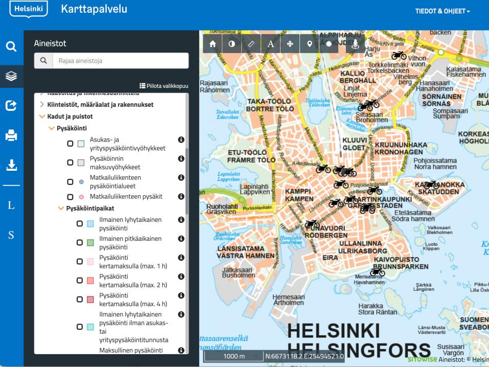 Internet-osoitteesta kartta.hel.fi löytyy paljon hyvää tietoa Helsingistä. Muun muassa prätkäparkkien sijainti. Keväällä kartan päivittyminen saattaa kestää.