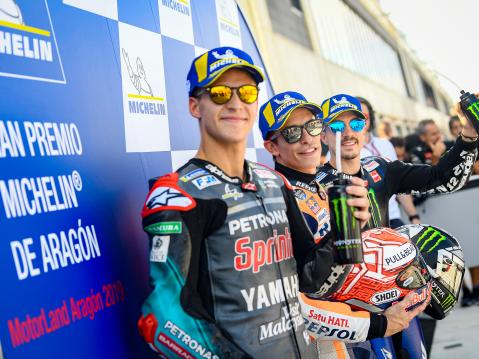 Eturivi. Vasemmalta: Quartararo, Marquez, Vinales.