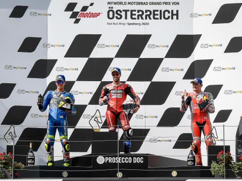 MotoGP podium vasemmalta: Mir, Dovizioso ja Miller.