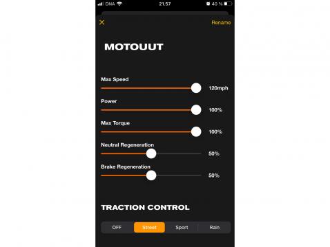 Zero Motorcycles Nextgen -sovelluksen käyttöä, muokatut asetukset.