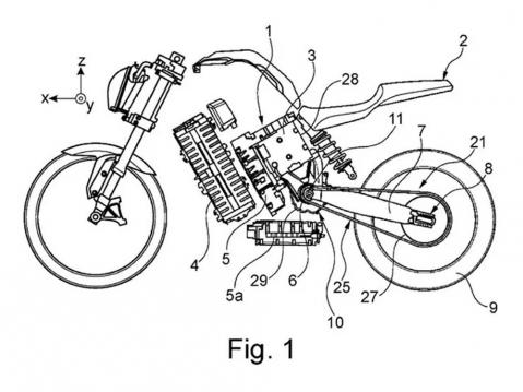 BMW:n Intiassa valmistettavan sähkömoottoripyörän patenttipiirros.