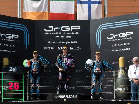 Junior GP:n ensimmäisen osakilpailun podium: Casey O'Gorman, Leonardo Zanni ja Rico Salmela.