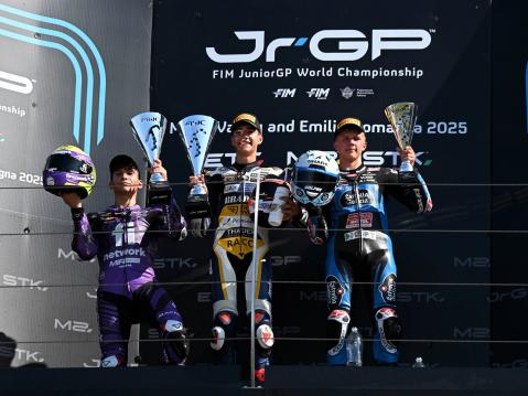 Junior GP:n, Misanon radalla ajetun toisen osakilpailun podium: Jesús Ríos (vas.), Brian Uriarte ja Rico Salmela.