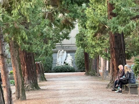 Hautausmaalla risteilee puistomaisia käytäviä.