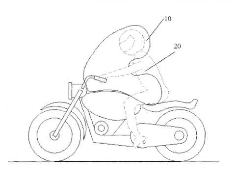 Autolivin patenttikuva kertoo, miten airbag suojaa ja tukee kuljettajaa monesta suunnasta törmäyksen hetkellä. Kuva Autoliv/Cycle World.