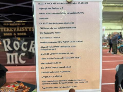 Tämän vuoden Road & Rock Hyväntekeväisyysajojen tarkempi aikataulu.