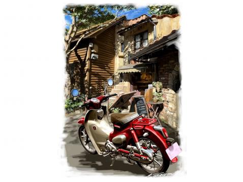 Hondan 3D-mallinnettu Super Cub 125 sijoitettuna piirrokseen.