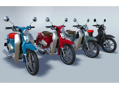 3D-mallinnetut Honda Super Cub C125: Nebula Red, Cadet Gray, Pearl Bosporus Blue ja Gray Metallic.