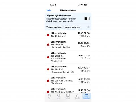 Saatavilla on mm. liikennetiedotteet.