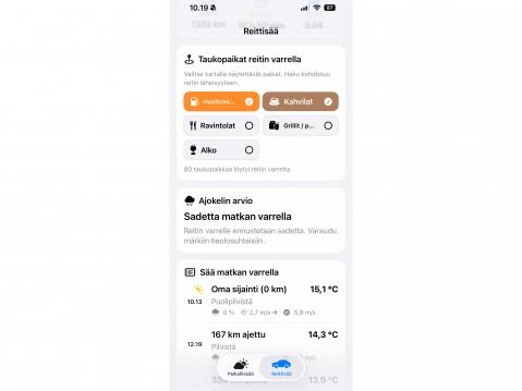 RouteWeather Nordic -sovelluikseen saa näkymään myös erilaisia taukopaikkoja.