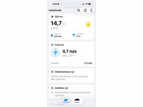 RouteWeather Nordic -sovelluksen Paikallissää-valinta antaa runsaasti tietoa paikallisesta säätilanteesta. 