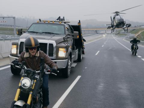 Triumph Scrambler 1200 XE Matchbox-elokuvan kohtauksessa.