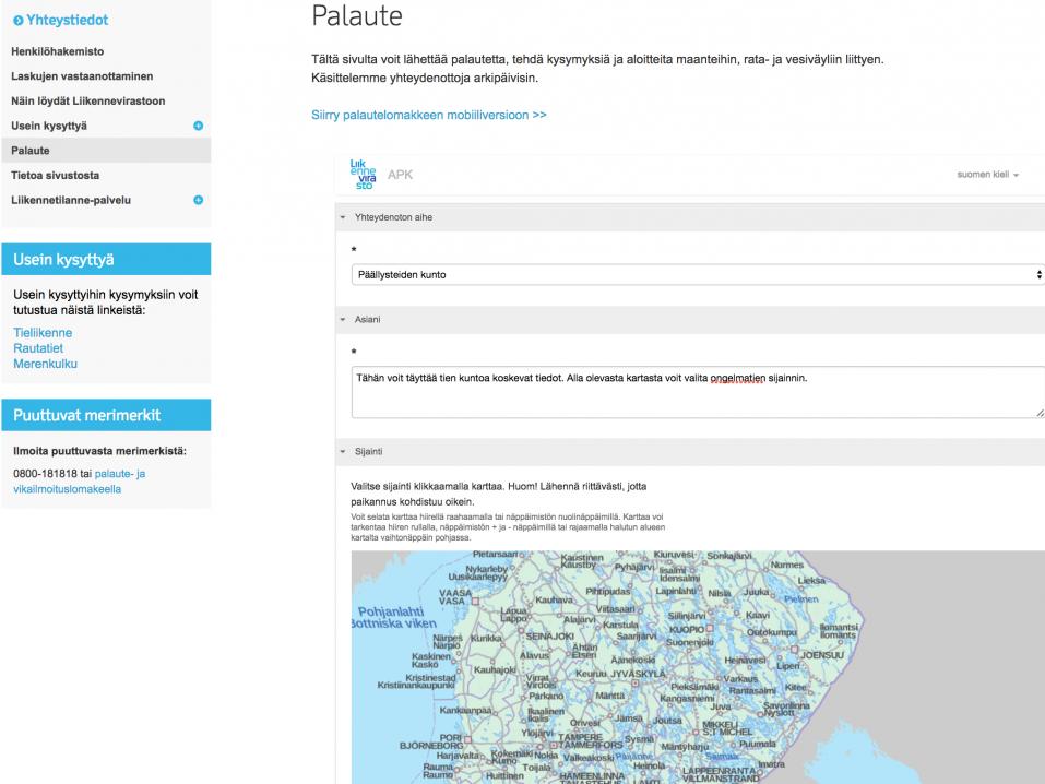 Ruutukaappaus Liikenneviraston tienkäyttäjän palautesivustolta.