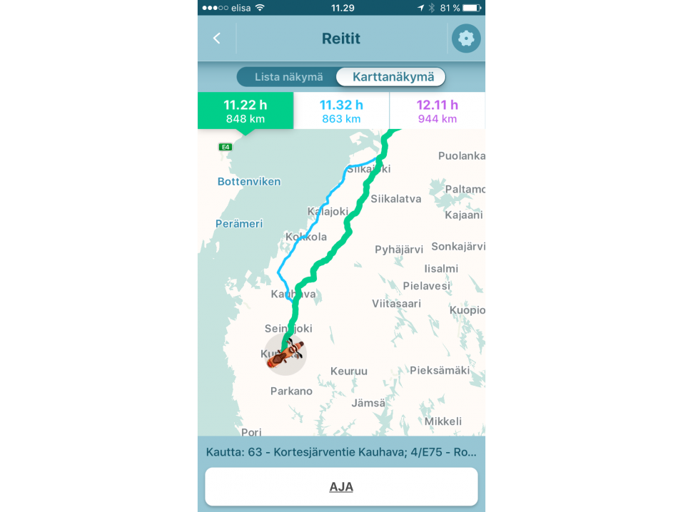 Wazella voit pyytää karttareitin puheella.