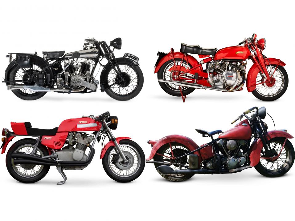 Ylhäällä vasemmalta: 1926 Brough Superior SS80 ja Chinese Red -värinen 1950 Vincent Rapide Series C Touring Model. Alhaalla vasemmalta: 1975 MV Agusta 750S America ja 1938 Harley-Davidson EL Knucklehead .