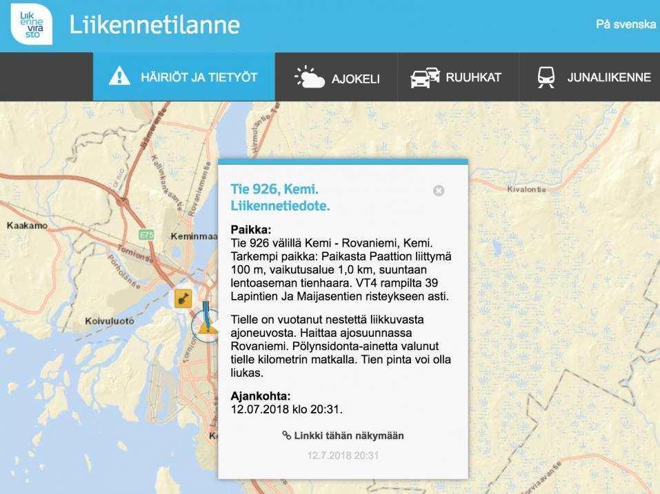 Liikenneviraston tilannekartta Kemistä tältä iltaa.