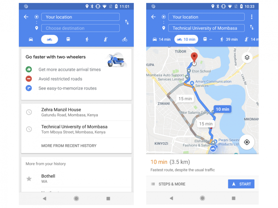 Googlen Motorcycle -ajotapavalinta tuli nyt myös Keniaan. Se opastaa kulkemaan moottoripyörille optimaalisinta reittiä.