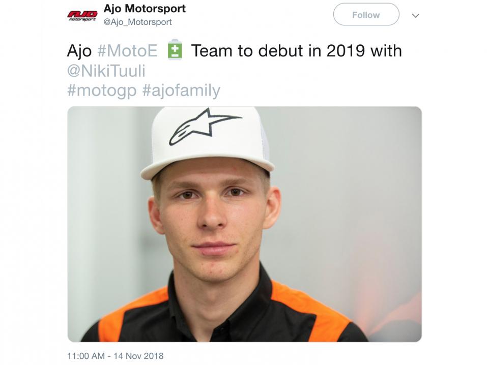 Kuten tuore kuva Aki Ajon tallin Twitter-tililtä kertoo, Niki Tuuli ajaa ensi kauden sähkömoottoripyörää Ajo Motorsportsin tiimissä.