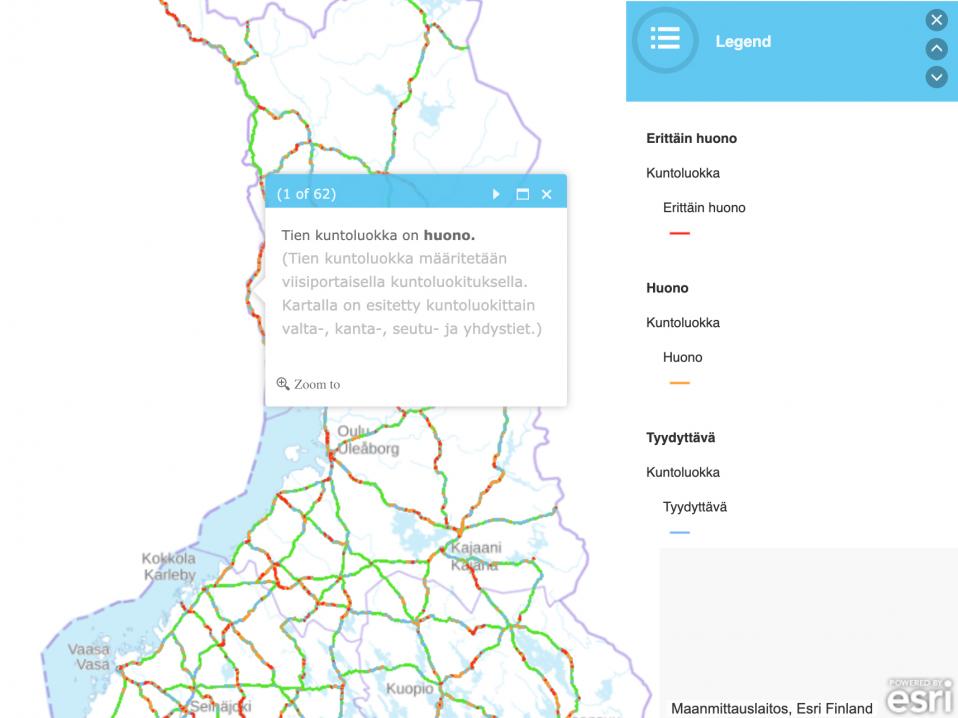 Kuva Väylän julkaisemasta Suomen teiden kuntokartasta.