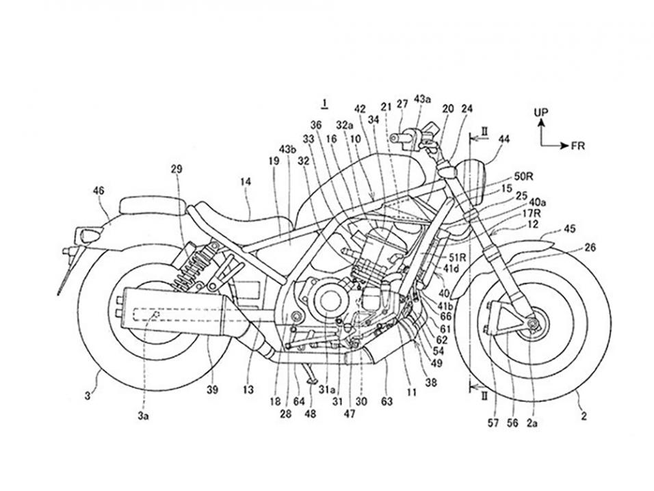 Honda Rebel 1100 patenttipiirros. Ulkonäkö muistuttaa vahvasti pikku-Rebeleitä.