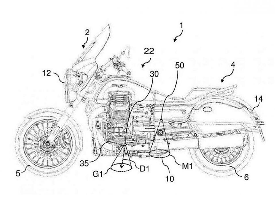 Piaggio Groupin valopatentti. Mallina Moto Guzzin matkapyörä.