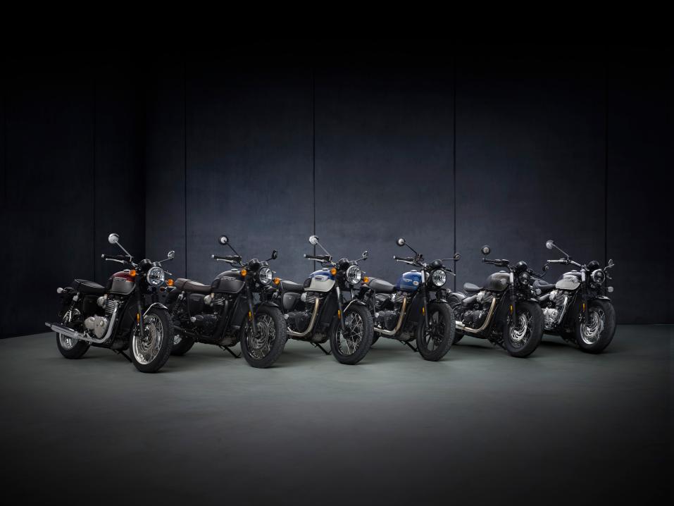 Uusi Triumph-mallisto vuodelle 2021: vasemmalta Bonneville T120, T120 Black, Bonneville T100, Street Twin, Bonneville Bobber ja Bonneville Speedmaster.