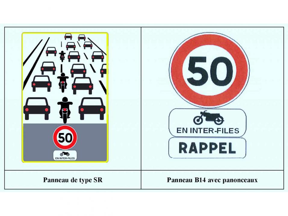 Uudet ranskalaiset kaistojen välissäajon sallimisesta ja sen nopeusrajoituksesta kertovat merkit.