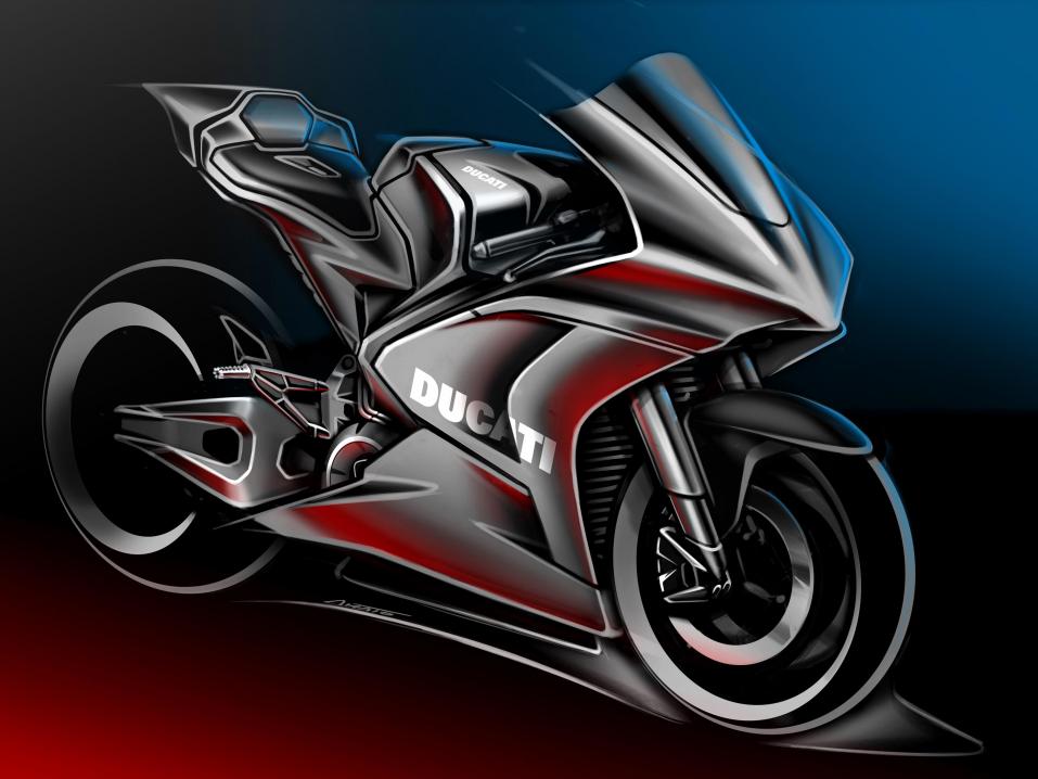 Luonnos Ducatin tulevasta sähkömoottorisesta MotoE-kisapyörästä, joka tulee käyttöön kauden 2023 alusta. Kuva Ducati.