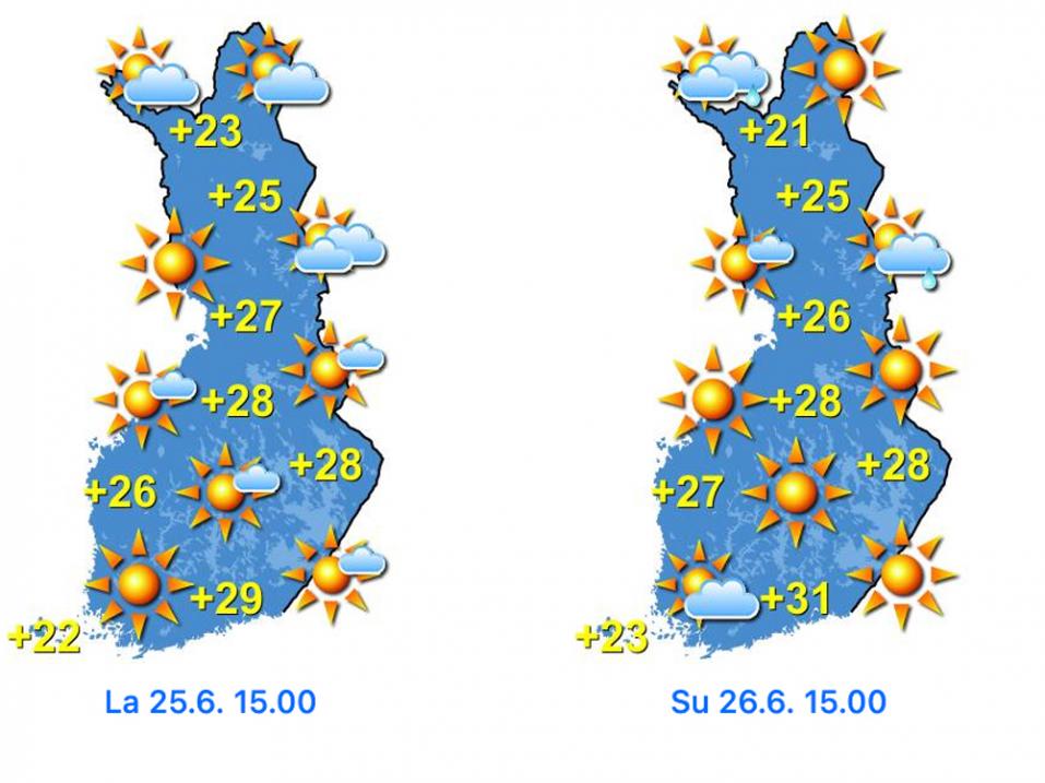 Juhannuslauantain ja -sunnuntain säät. Sunnuntaille on Etelä-Suomeen luvattu jopa vielä korkeampia lukuja kuin pohjoisemmas. Kuva: Foreca.