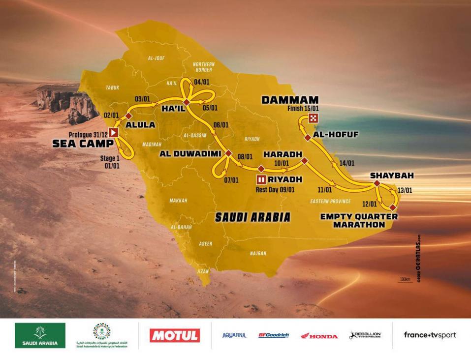 Vuoden 2023 Dakar Rallyn reitti kulkee Punaiselta Mereltä Persianlahdelle.
