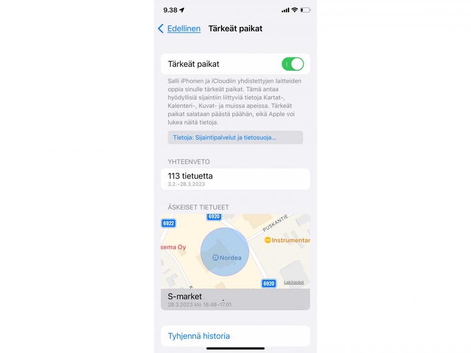 Applen iPhone-puhelimien iOS-käyttöjärjestelmän 'Tärkeät paikat' - välilehti. Kuten huomaat, toiminnon saa myös pois päältä ja paikkahistorian tyhjennettyä.