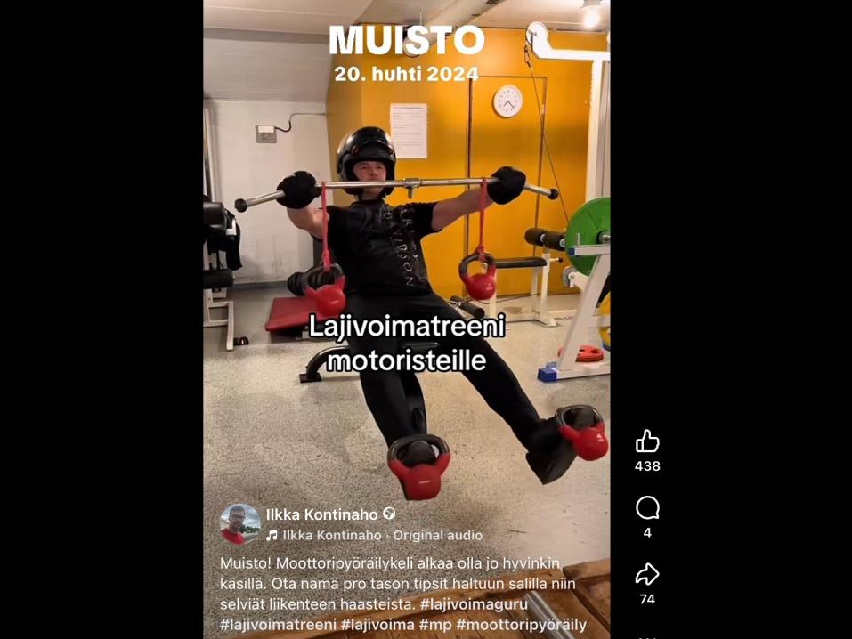 Ilkka Kontinahon 'Lajivoimatreeni motoristeille' -video sis&auml;lt&auml;&auml; merkitt&auml;vi&auml; taito- ja lihasharjotteita moottoripy&ouml;r&auml;ilij&ouml;ille.