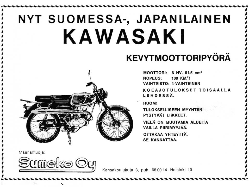 Kawasakin - ja Sumekon - ensimmäinen mainos Suomessa.